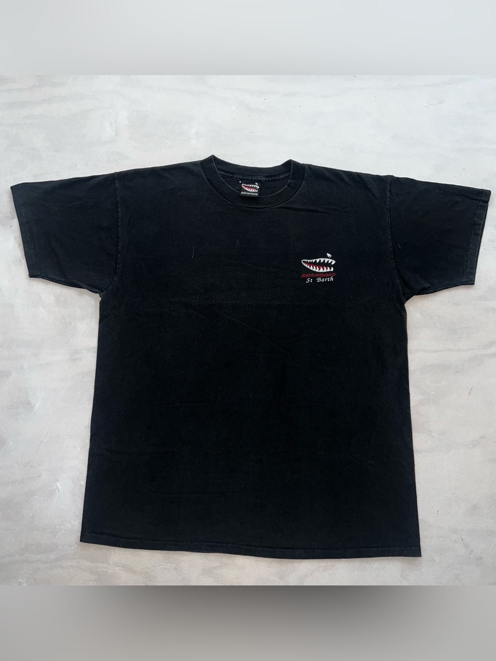 Vtg 90s Sally Can’t Dance SCD St Barth T Shirt Mens XL Black Shark Teeth Surf